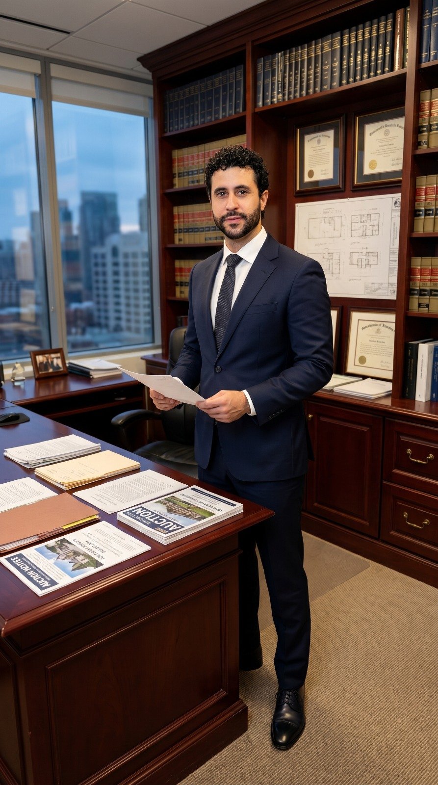 Retrato final de corpo inteiro, em pé no escritório, segurando documentos