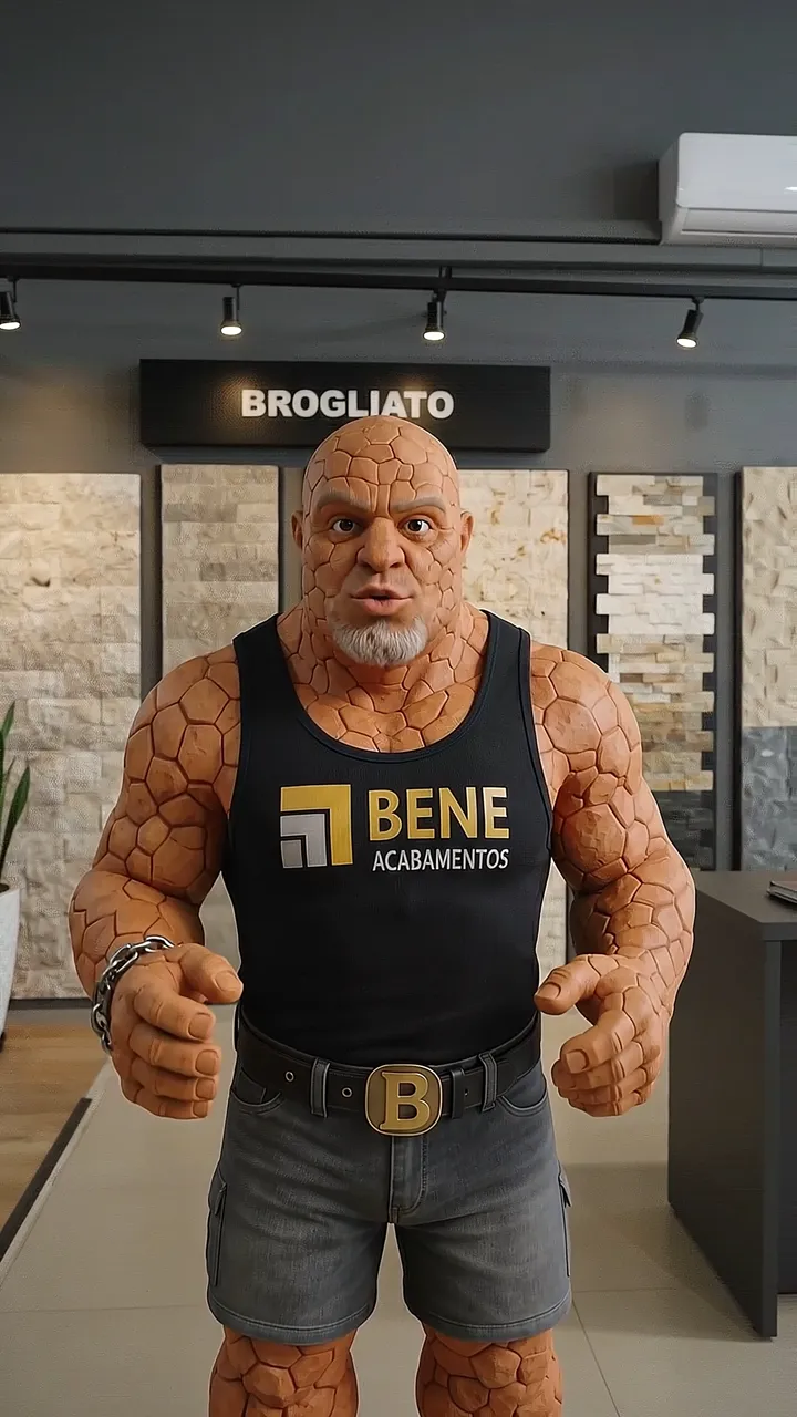 Close da mão de pedra do personagem segurando uma peça de revestimento natural