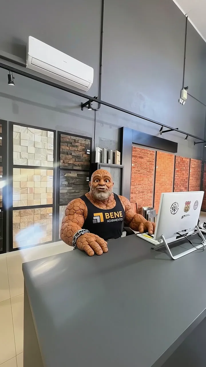 O personagem com a camiseta da Bene atrás do balcão do showroom, ao lado de um notebook