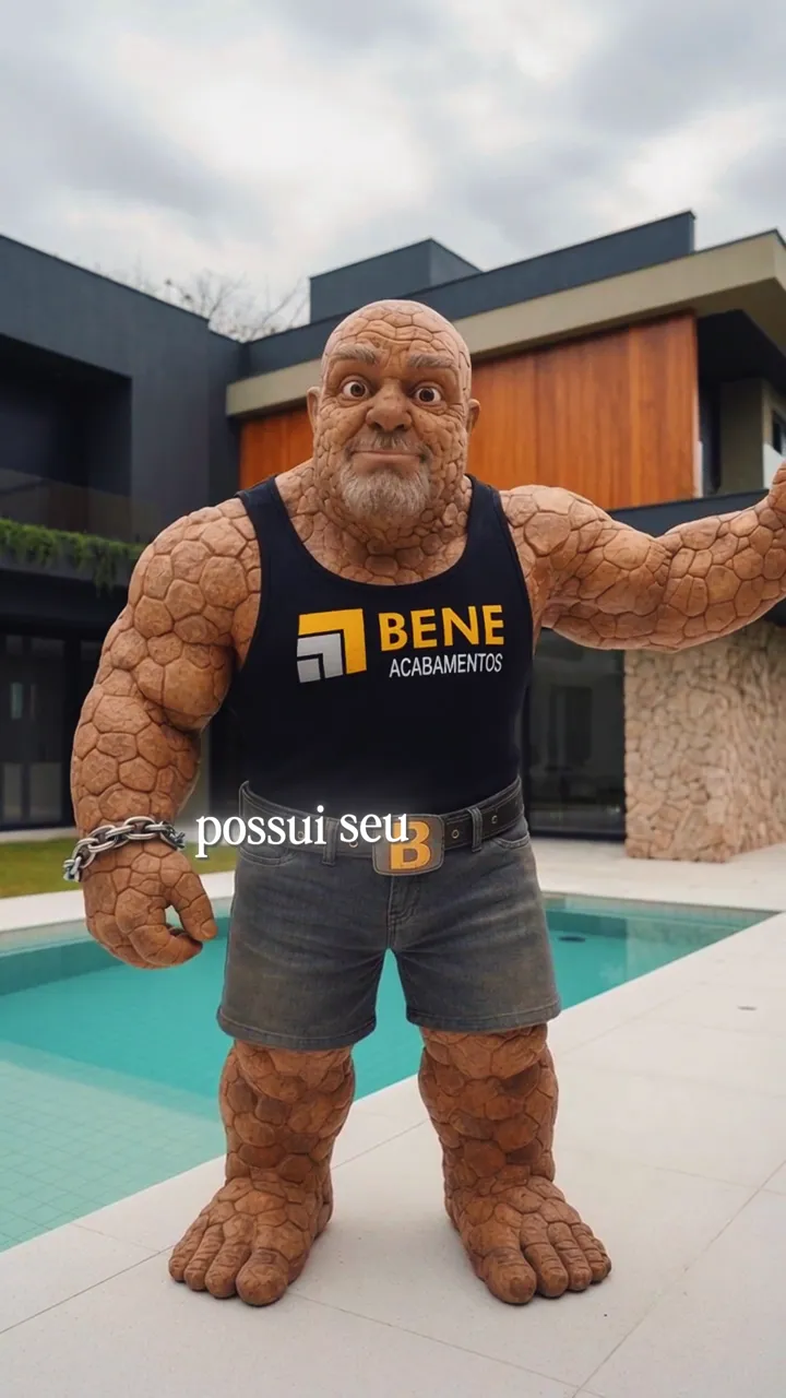 O personagem à beira de uma piscina, numa casa com revestimento de pedra