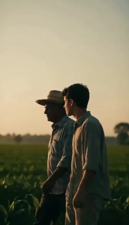 Dois homens de costas olhando a lavoura ao pôr do sol