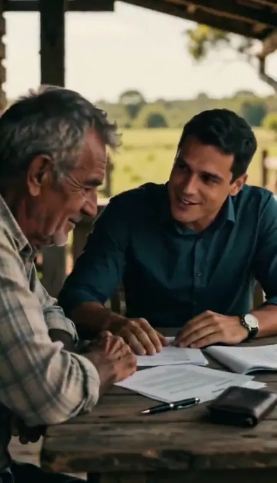 Produtor idoso e corretor jovem conversando à mesa com papéis
