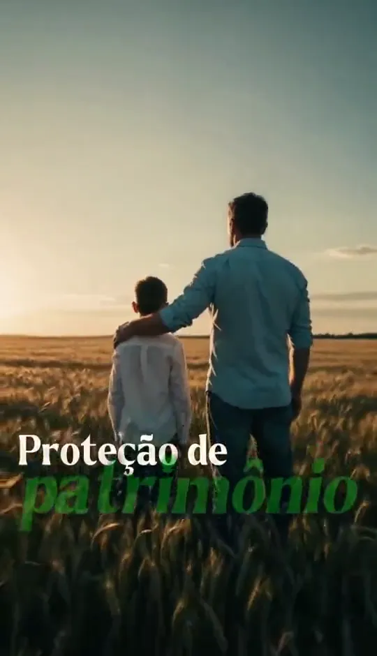 Pai e filho de costas no campo, com a frase “Proteção de patrimônio”