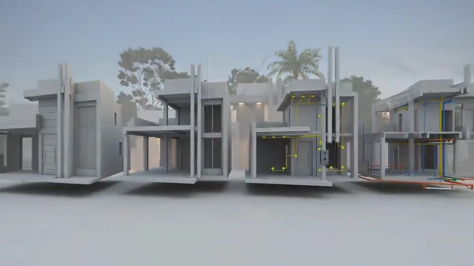 Modelo 3D das casas ainda em cinza, sem textura