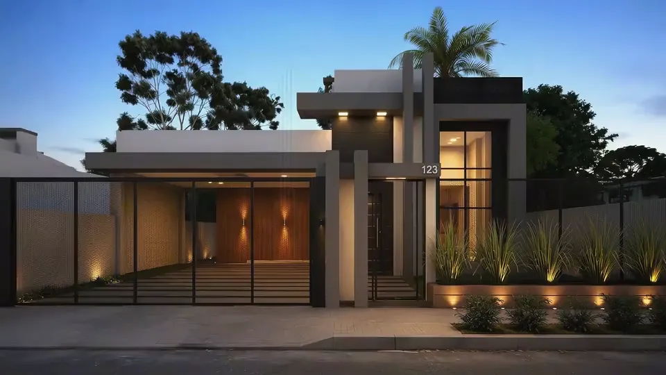 Render da fachada da residência iluminada ao entardecer