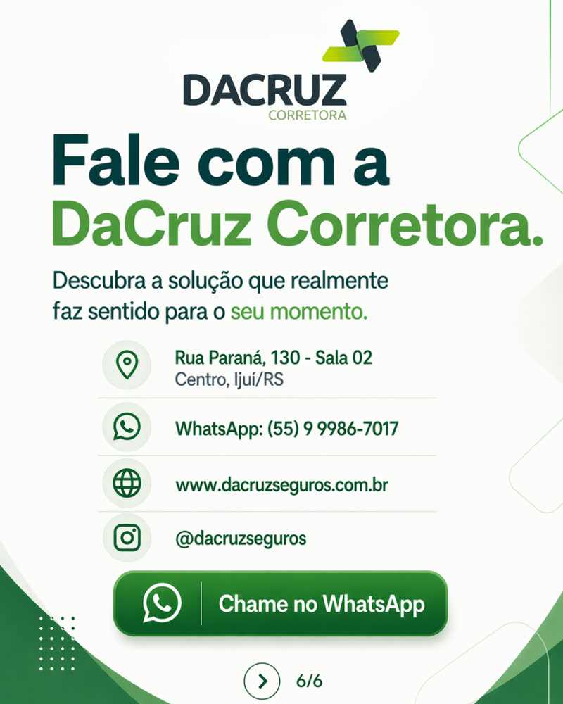 Lâmina 6: “Fale com a DaCruz Corretora”, com botão de WhatsApp