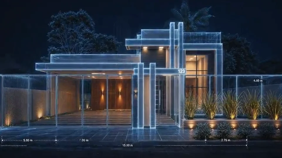 Fachada da residência em projeção de linhas azuis, com cotas de 5,00 m, 2,75 m e 15,50 m