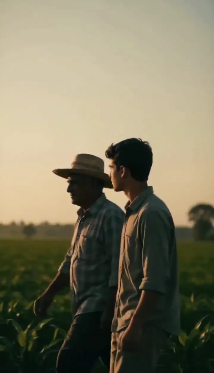Produtor rural e corretor caminhando lado a lado na lavoura ao pôr do sol