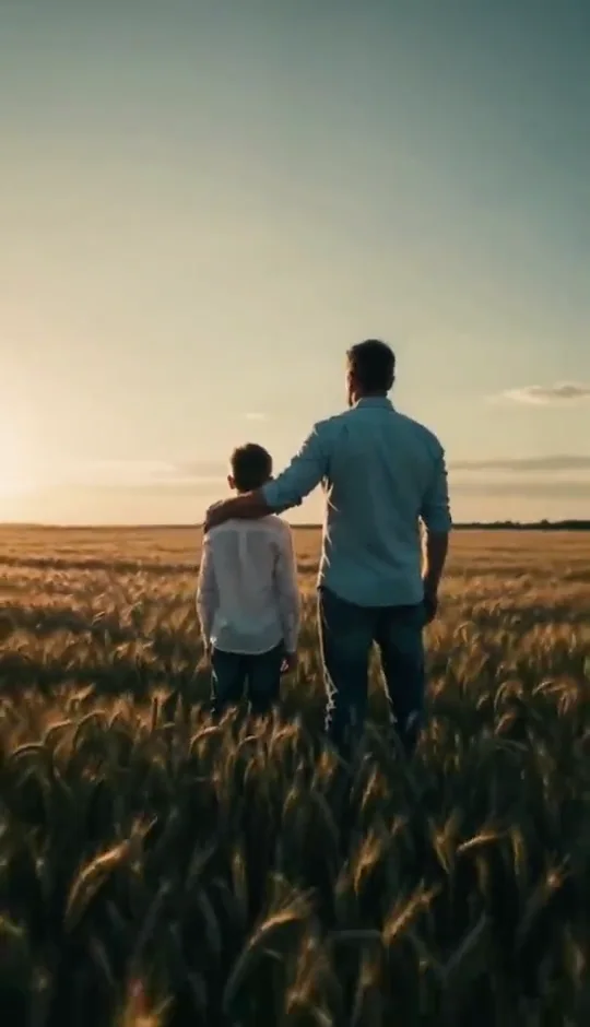 Pai e filho de costas no meio de uma lavoura de trigo ao entardecer