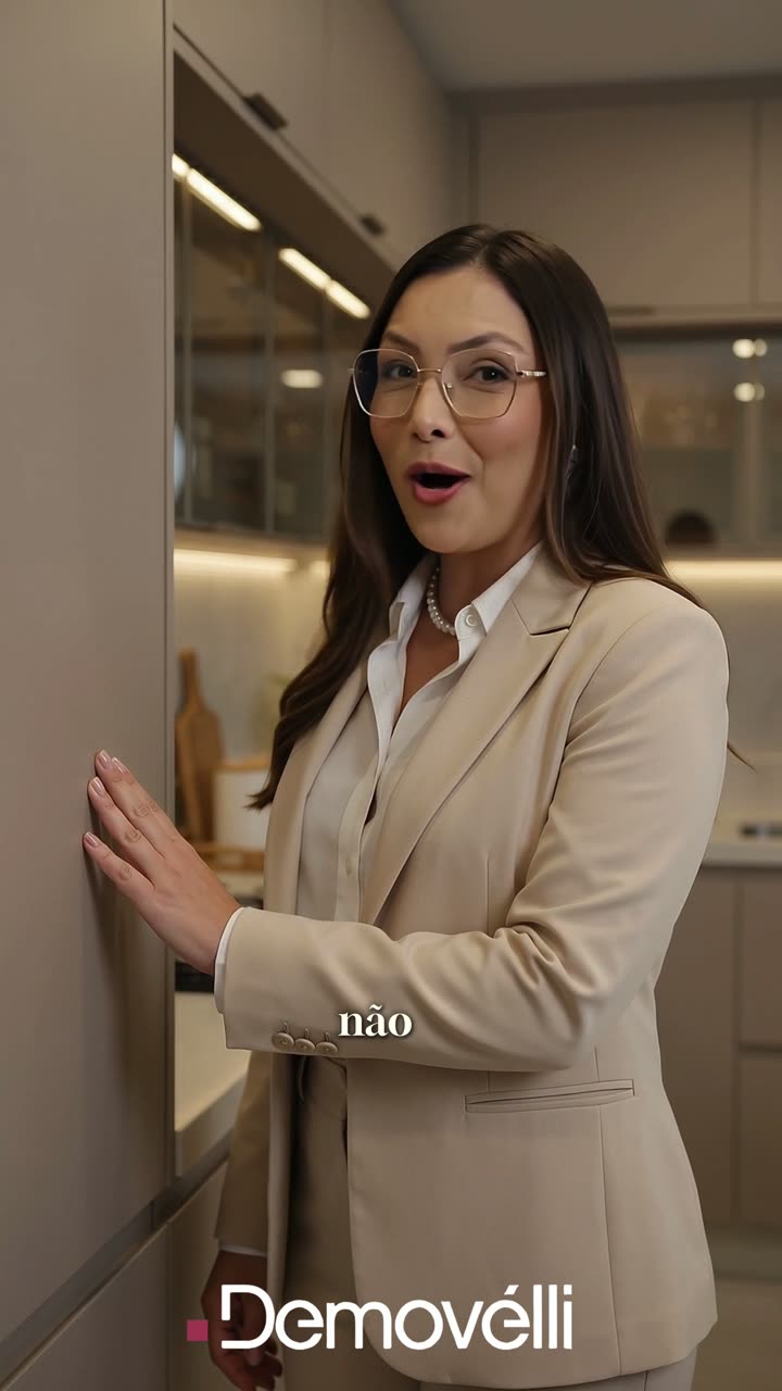 Apresentadora da Demovélli ao lado de um armário planejado