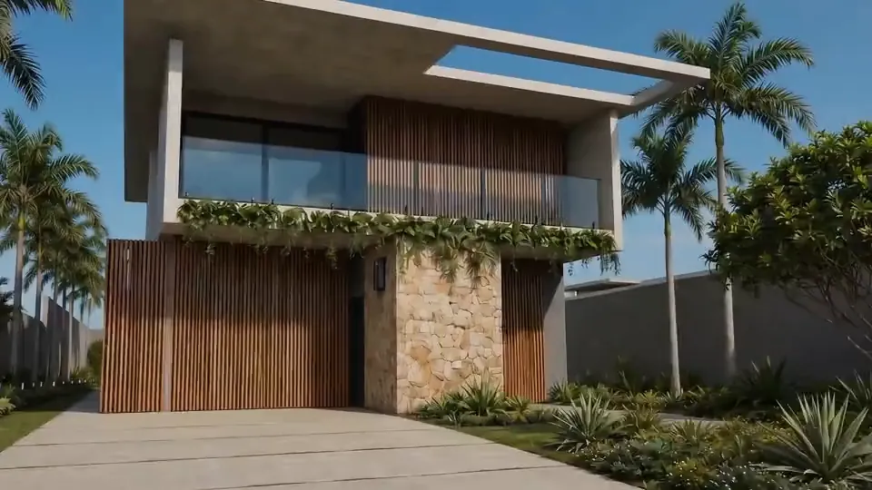 Fachada de uma residência moderna de dois pavimentos em dia de sol, com ripado de madeira, pedra e palmeiras