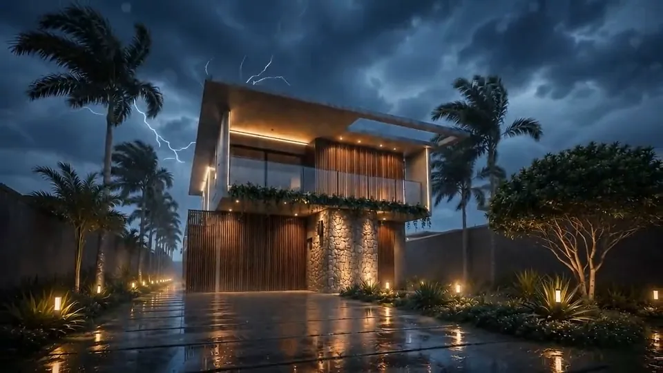A mesma casa à noite, sob chuva, com o piso molhado refletindo as luzes do jardim