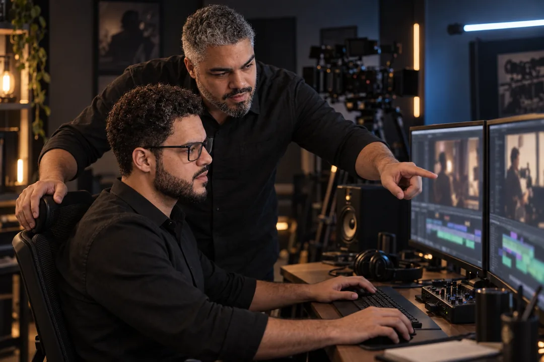 Erick aponta para o monitor enquanto Adelir edita um filme na mesa de produção da Erisen.